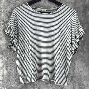 Caution To The Wind Size S Striped Short Fluttered Sleeves White Top Casual